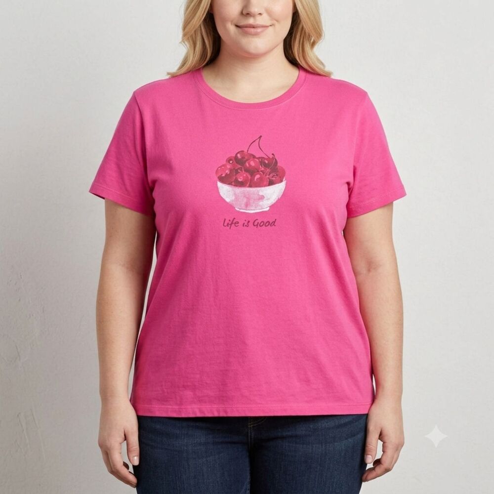 Life Is Good Women XL TShirt Classic Fit Pink Cherry Bowl Graphic 100% Cotton